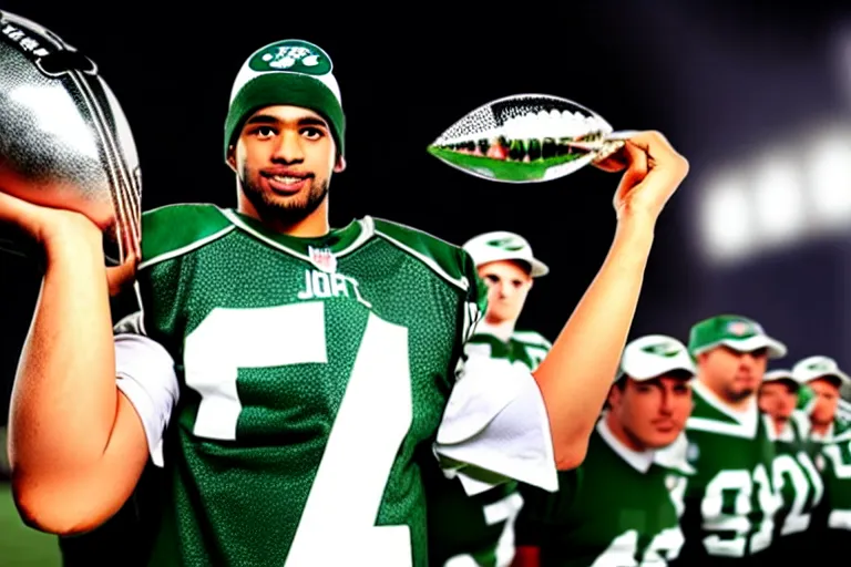 Prompt: a photograph of a football player wearing a new york jets jersey holding the lombardi trophy, stock footage