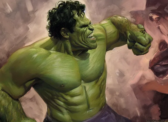 Prompt: a highly detailed beautiful portrait of mark ruffalo transforming into the hulk, by gregory manchess, james gurney, james jean