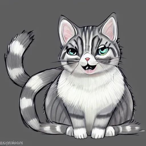 Image similar to kawaii greystriped cat looking cute, concept art, highly artstation, detailed, cartoon