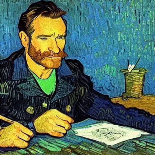 Prompt: Robin Williams printing papers by Van Gogh