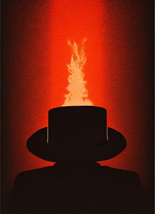 Prompt: habitat 67 on fire, portrait of a lone man in a hat, Mads Berg, Karolis Strautniekas, film noir, stippled light, dramatic lighting,editorial illustration, detailed,fine texture, matte print, dark orange, red, black