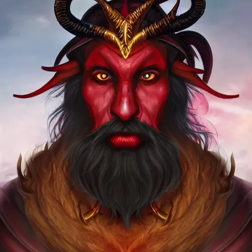 Image similar to dnd style portrait of a tiefling, male, red scales, red skin, a big black beard, completely golden eyes, 2 black ram horns growing out of his forehead,