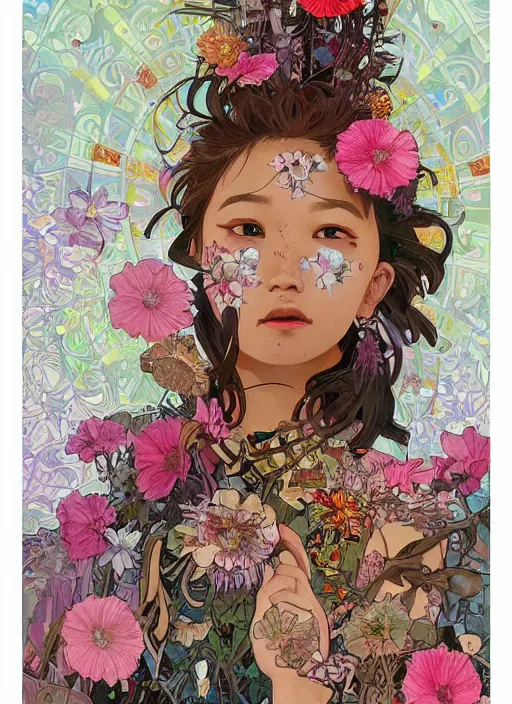 Image similar to !!! very coherent!!! oil painting, beautiful floralpunk iban cyborg portrait girl female illustration detailed patterns art of sarawak traditional dress, flower pop art, floral splash painting, art by ashley wood, alphonse mucha, makoto shinkai, geof darrow, dark shadow