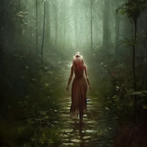 Prompt: a painting of a woman walking through a forest, a detailed matte painting by Bastien Lecouffe-Deharme, trending on cgsociety, fantasy art, matte painting, enchanting, cryengine