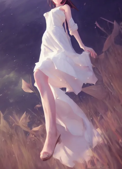 Image similar to a girl with elegant white dress, digital art by krenz cushart, laurie greasly, wlop, artgerm, intricate, ( highly detailed figure ), sharp focus, smooth, epic composition, joyful, unreal engine