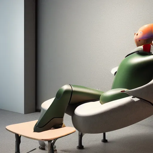 Image similar to futuristic lonely matte dark gray and glossy translucent green full-body humanoid robot with huge expressive comically sad LED eyes and open rectangular mouth sitting on a large comfortable cushioned vintage recliner reading a hardbound leather book. Cinematic Lighting, Cinematic Movie Photograph, Arri Alexa, Extremely Detailed, smooth, very very clean, simple, 8K, octane render, maya render, unreal engine, trending on artstation, DSLR, excellent composition, moody