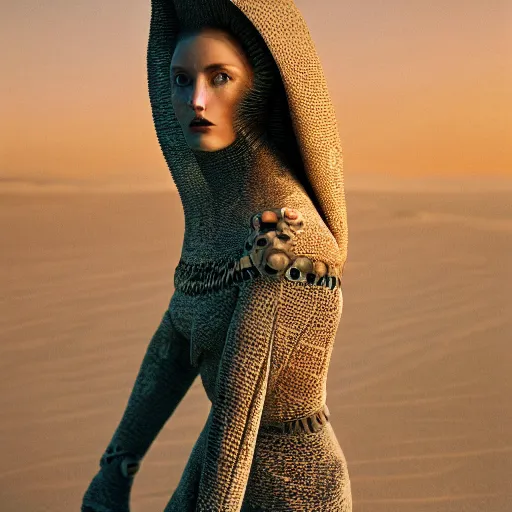 Prompt: Fashion photography of a woman wearing an outfit inspired by Dune (2021), artistic photography, cinematic lighting, insanely detailed, cinestill 800t, Vogue magazine