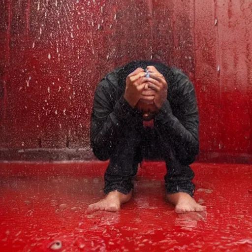 Image similar to A wet young man is standing on the floor on his head in the red room rain