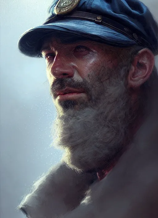 Prompt: portrait of a rugged man wearing a sailors cap, victorian, concept art, detailed face, fantasy, close up face, highly detailed, cinematic lighting, digital art painting by greg rutkowski