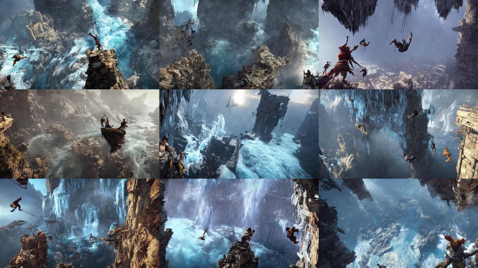 Prompt: incredible screenshot of the last guardian, gravity rush, god of war 3, on PS5, Unreal engine 5, golden hour, frozen waterfalls, obsidian spikes, torn banners, dust storm, dynamic camera angle, deep 3 point perspective, fish eye, dynamic extreme foreshortening, rock climbing, scaffolding collapsing, brick debris, vertigo, fear of heights, contrasting shadows, valley mist, huge chasm, broken bridges, 8k, hd, high resolution
