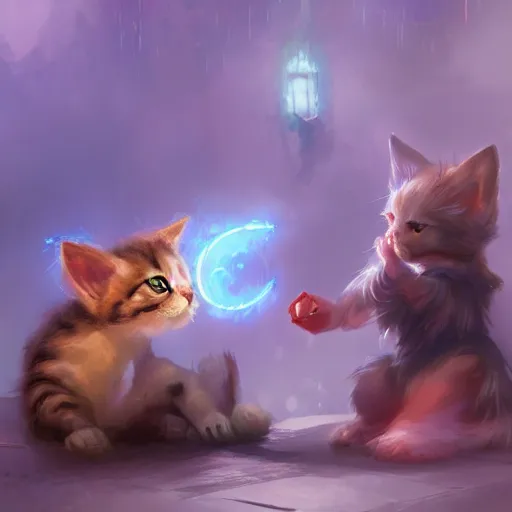 Image similar to a beautiful stunning fantasy whimsical matte digital concept painting of a kitten learning magic by kit faced and marc simonetti, magic the gathering, trending on artstation hq, contest winner, masterpiece, pastel color palette, 8 k resolution