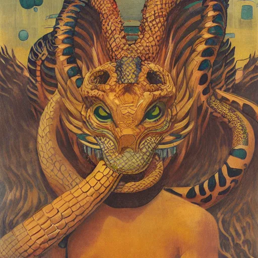 Prompt: demiurge serpent serpent python wearing a lion costume furry ears neck neck tall long viper tombow peter doig greg rutkowski giorgio de chirico arsen savadov dan witz vik muniz
