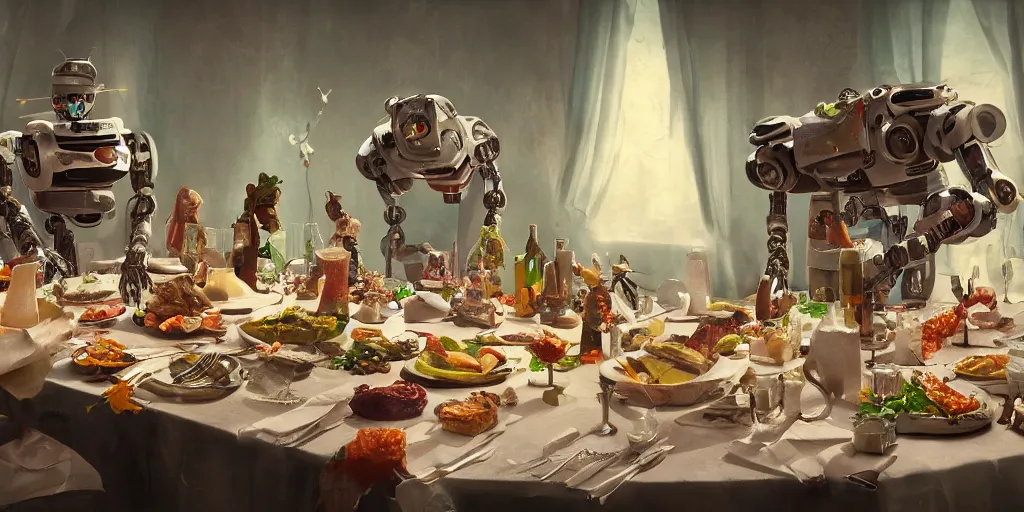 Image similar to a table dinner of robots where robots are dressed like the characters from the midsommar movie, cinematic, hyperdetailed, octane render, trending on art station, ultrarealistic