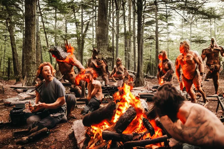 Image similar to sigma 8 5 mm, photo, neanderthal people eating sushi, surrounded by dinosaurs!, gigantic forest trees, sitting on rocks, bonfire, close up camera on bonfire level