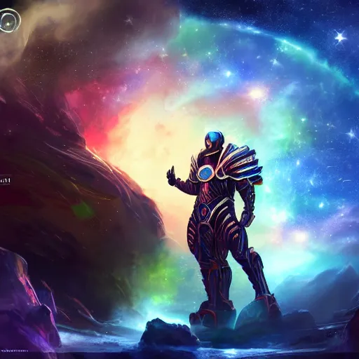 Image similar to photorealistic fantasy cosmic concept art of a cosmic god with armor made out of planets and dark matter, hovering in a unknown galaxy, fully body portrait, cinematic, dynamic lighting, ultra detailed, creative, trending on art station, stunning visuals, creative