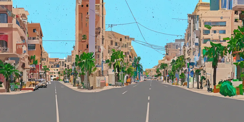 Prompt: tel aviv street from low level. optimistic. digital art. vector watercolor.