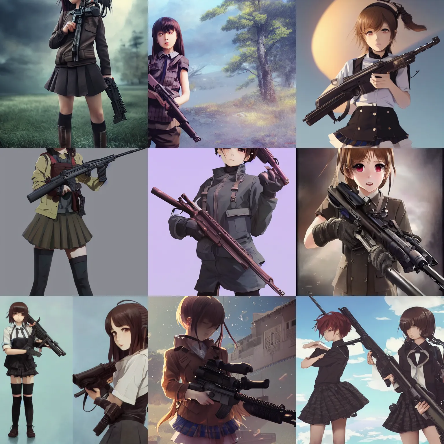 Image similar to worksafe. insanely detailed. by wlop, ilya kuvshinov, krenz cushart, greg rutkowski, pixiv. zbrush sculpt, octane, maya, houdini, vfx. closeup gorgeous attractive young cg anime teen kid schoolgirl holding rifle qbz - 1 9 1, in luxury advertisement. cinematic dramatic atmosphere, sharp focus, volumetric lighting