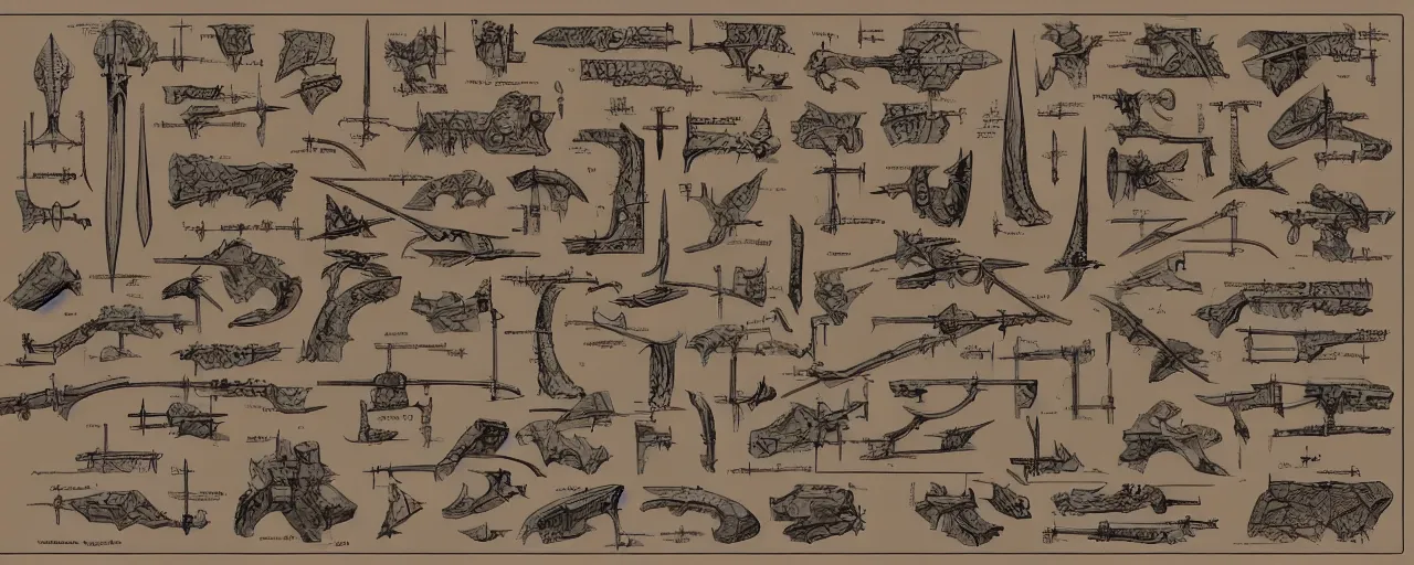 Image similar to schematic diagram of axes, dwarven, weapons, built, book, page, detailed, cross section, trending on artstation, cgsociety, Ralph McQuarrie and Greg Rutkowski
