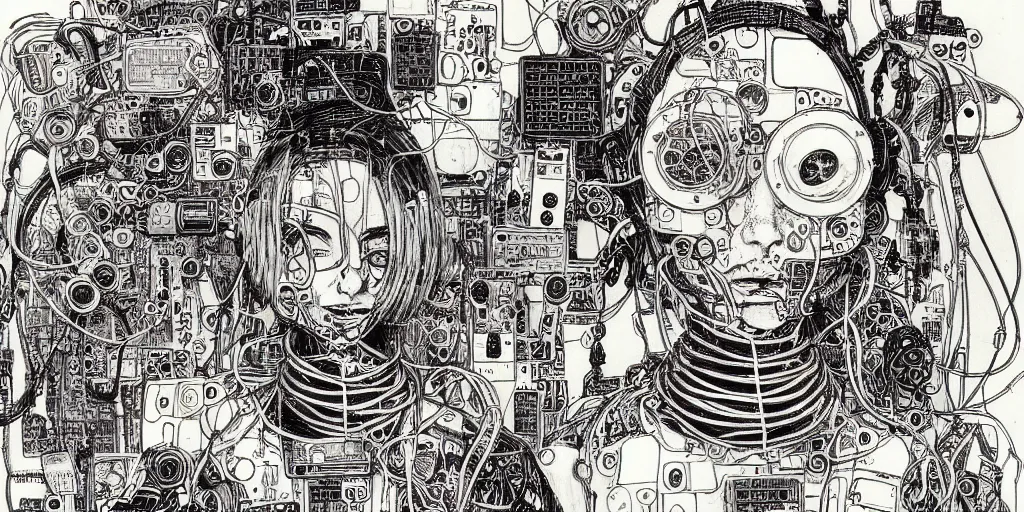 Image similar to risograph grainy drawing vintage sci - fi, antagonist girl, satoshi kon color palette, face covered with robot parts and wires, wearing futuristic scaphander with lot of wires and tentacles, robot parts around and on the background, parking lot, painting by moebius and satoshi kon and dirk dzimirsky close - up portrait