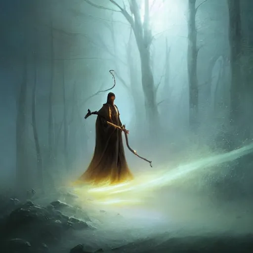 Image similar to ''cinematic shot'' white hooded mage ( specter ) holding a staff with leaves falling simetrical 8 k atmosferic realistic made by ivan aivazovsky, peter mohrbacher, greg rutkowski volumetric light effect broad light oil painting painting fantasy art style sci - fi art style realism premium prints available artwork unreal engine