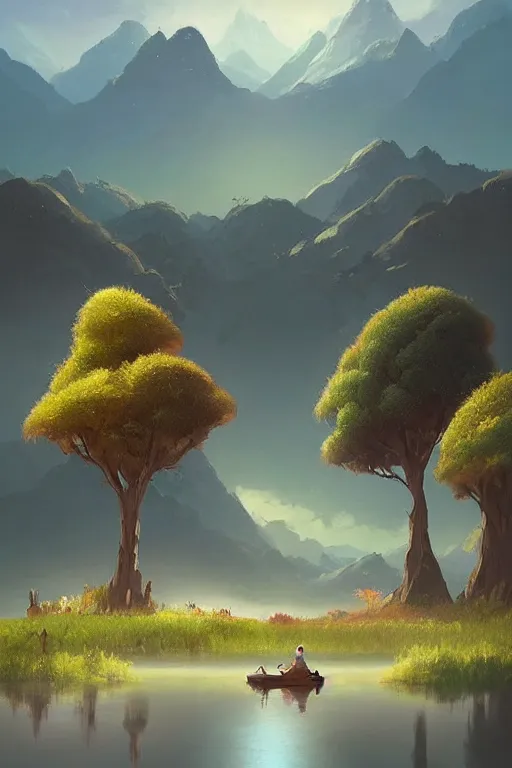 Prompt: beautiful matte painting by goro fujita whimsical art fantasy path mountains and meadow in the background near a lake reflecting the trees, atmospheric lighting, painted, intricate, volumetric lighting, beautiful, rich deep colors masterpiece, sharp focus, ultra detailed by