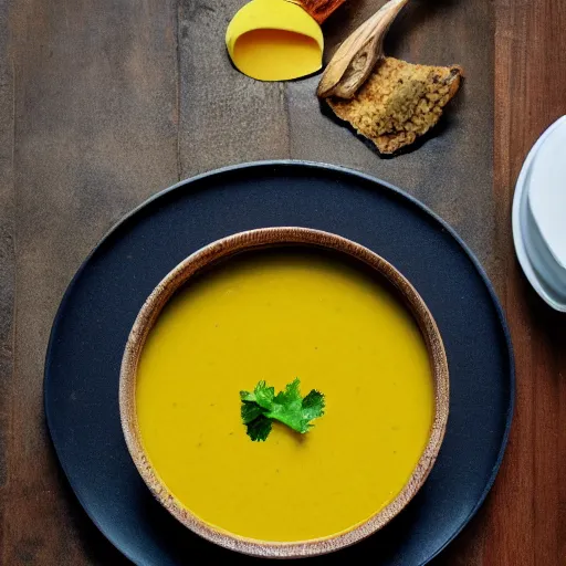 Prompt: photo of yellow soup