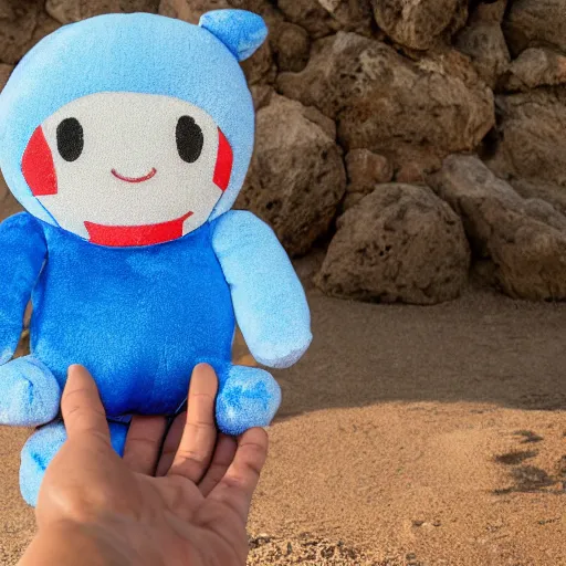 Image similar to blue'snappy gifts'human - sized plush doll, in the desert, holding gift, happy atmosphere, high detail, 8 k