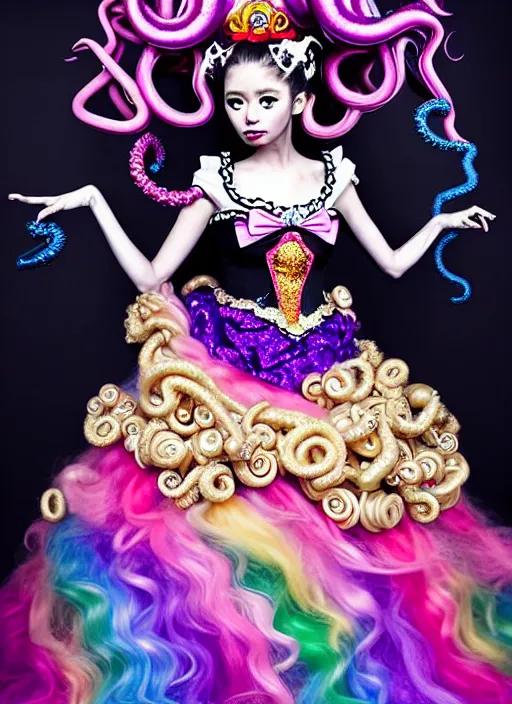 Image similar to A full body shot of a cute and mischievous monster princess with Sailor Moon hair made of tentacles wearing an ornate ball gown covered in jewels. Dynamic Pose. Quinceanera dress. Rainbow palette. rainbowcore. Eldritch Beauty. defined facial features, symmetrical facial features. Opalescent surface. beautiful lighting. By Giger and Ruan Jia and Artgerm and WLOP and William-Adolphe Bouguereau. Fantasy Illustration. Sailor Moon hair. Masterpiece. trending on artstation, featured on pixiv, award winning, cinematic composition, dramatic pose, sharp, details, Hyper-detailed, HD, HDR, 4K, 8K.