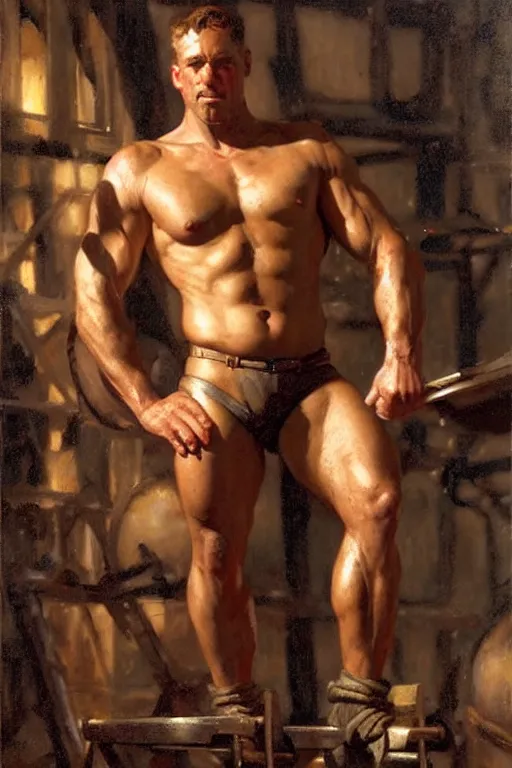 Image similar to muscular sweaty male blacksmith, forgehouse painting by gaston bussiere, craig mullins, j. c. leyendecker, tom of finland