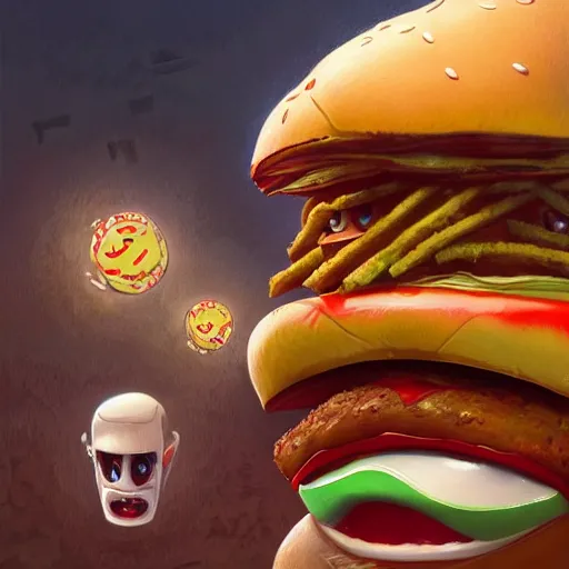 Image similar to a monster with a hamburger head on a suit, hamburger monster, burger face, burger with human eyes, burger with a mouth, very detailed eyes, character concept art, fantasy, intricate, fantasy drawing, illustration, highly detailed, hyperrealistic, cgsociety, artstation, oil painting by greg rutkowski