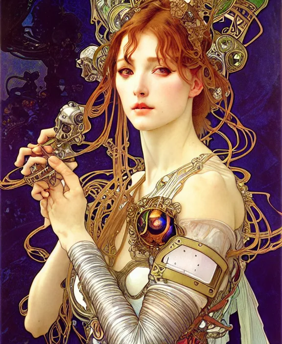 Prompt: realistic detailed face portrait of a beautiful futuristic italian renaissance queen in opulent alien glass armor by alphonse mucha, ayami kojima, amano, greg hildebrandt, and mark brooks, female, feminine, art nouveau, ornate italian renaissance cyberpunk, iridescent venetian blown glass, neo - gothic, gothic, character concept design