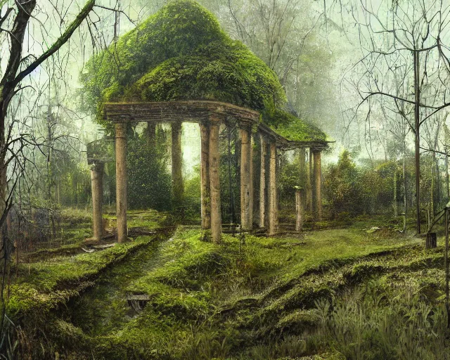 Prompt: A painting of an overgrown mall, ultra-detailed painting, mossy, ruins, oil on canvas, trending on Artstation