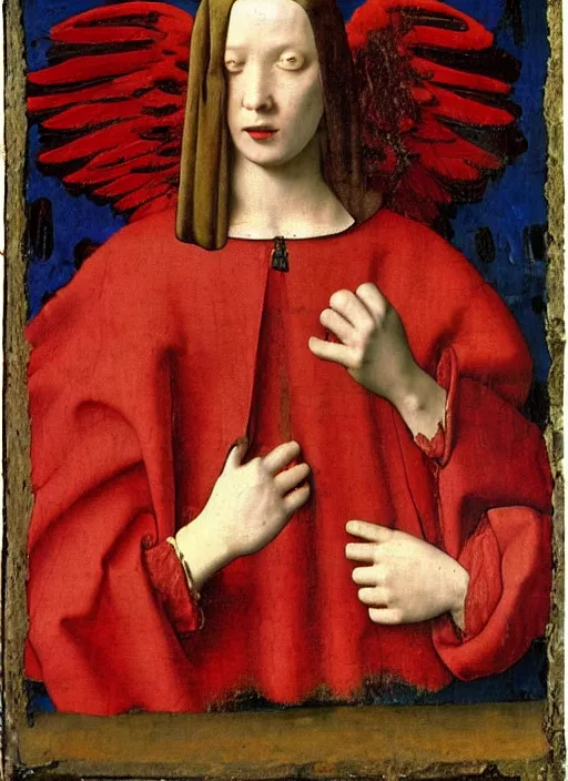 Image similar to Flying Fallen Angel with wings dressed in red, Medieval painting by Jan van Eyck, Johannes Vermeer, Florence