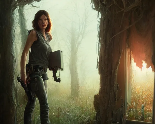 Image similar to highly detailed portrait of milla jovovich, in the walking dead, stephen bliss, unreal engine, fantasy art by greg rutkowski, loish, rhads, ferdinand knab, makoto shinkai and lois van baarle, ilya kuvshinov, rossdraws, tom bagshaw, global illumination, radiant light, detailed and intricate environment