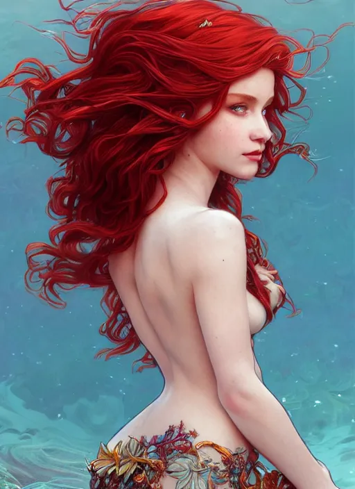 Prompt: beautiful head and shoulders portrait of a fairy mermaid with red hair, casual clothing, intricate, elegant, highly detailed, digital painting, beautiful highly detailed face, artstation, concept art, smooth, sharp, focus, illustration, art by artgerm and greg rutkowski and alphonse mucha