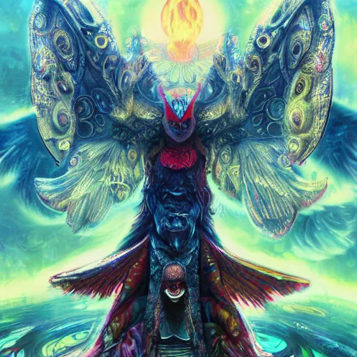 Image similar to 8K headshot Portrait of centered chest up of a psychedelic godlike mothman with giant mandala wings smoking a hand-rolled cigarette smoking heavily , magic mushroom village in background , post-processing , award winning. superb resolution. in the art style of Tony Takezaki and Greg Rutkowski . Detailed Mushroom city in background. Hyper realistic anime. Perfect art. Dalle2