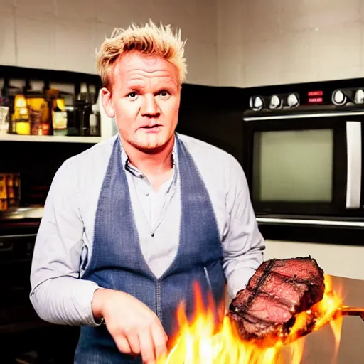 Prompt: Camcorder footage of Gordon Ramsey grilling a steak in the distance, In the Backrooms (found footage)