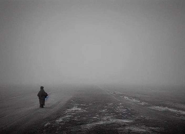 Image similar to high resolution black and white photography with a 3 5 mm f / 2 2. 0 lens of brutalist architectural building blocks in the middle of a russian wasteland in the 1 9 8 0 s in the middle of nowhere, there is fog. fine art photography and very detailed