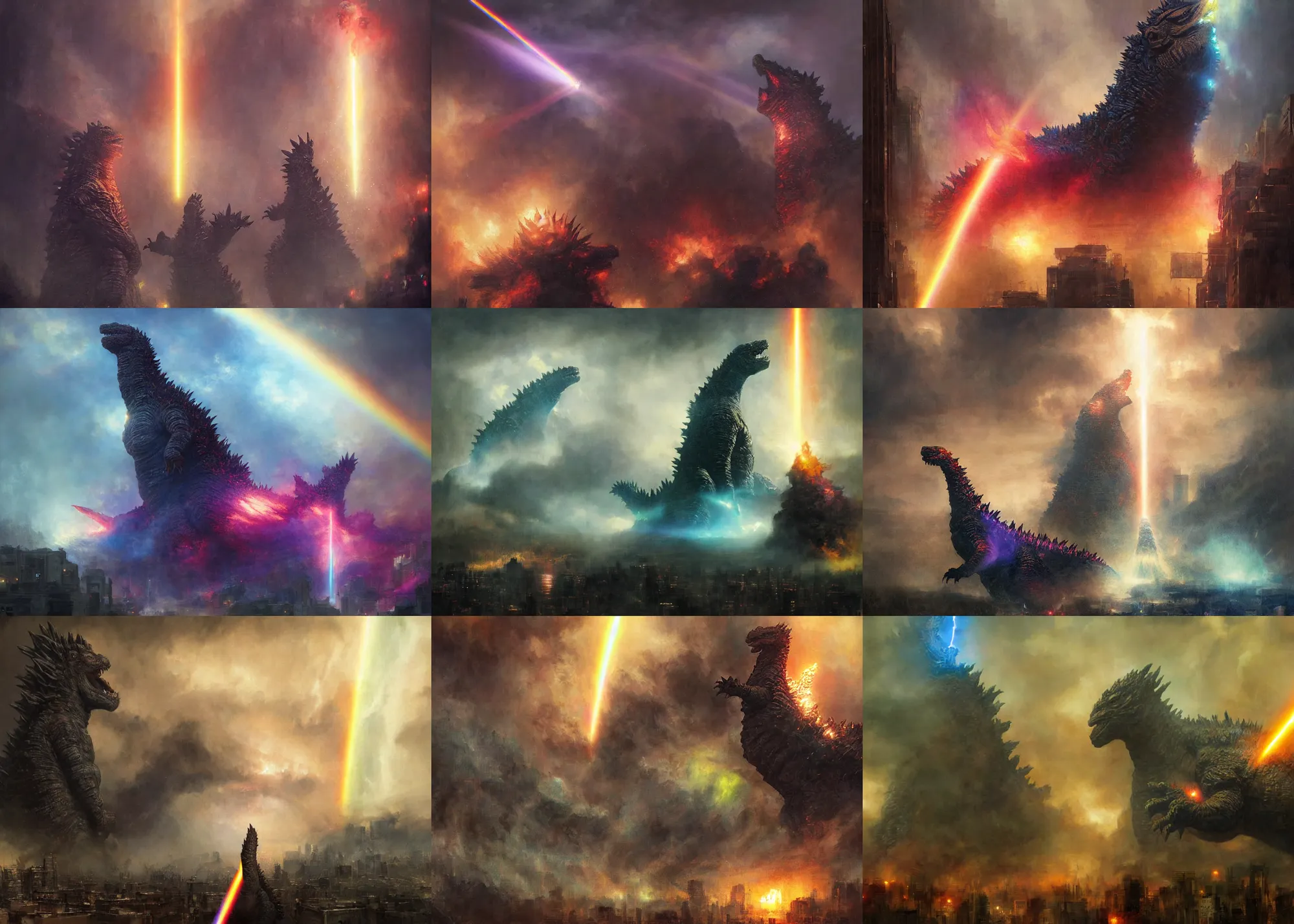 Prompt: digital art painting godzilla destroying a city with a rainbow beam ray coming out it's snout painted by craig mullins and gaston bussiere and greg rutkowski, dramatic lighting, symmetrical facial features, symmetrical face, defined facial features