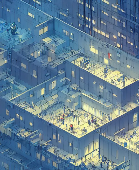 Image similar to minimalist building made from surgery, crowds of people, by dan mumford, yusuke murata, makoto shinkai, ross tran, cosmic, hellish, god rays, cinematic, unreal engine, cel shaded, featured on artstation, pixiv