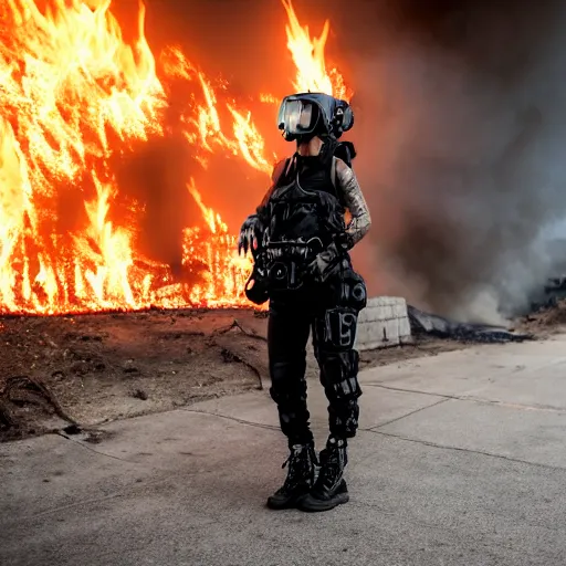 Image similar to Candid extreme wide shot of a poor techwear mixed woman with short hair and tattoos outside of a futuristic Los Angeles on fire, a police MRAP on fire, cyberpunk, 4k, extreme long shot, desaturated, full shot, action shot, motion blur, depth of field, sigma 85mm f/1.4, high resolution, 4k, 8k, hd, full color, award winning photography, war photography