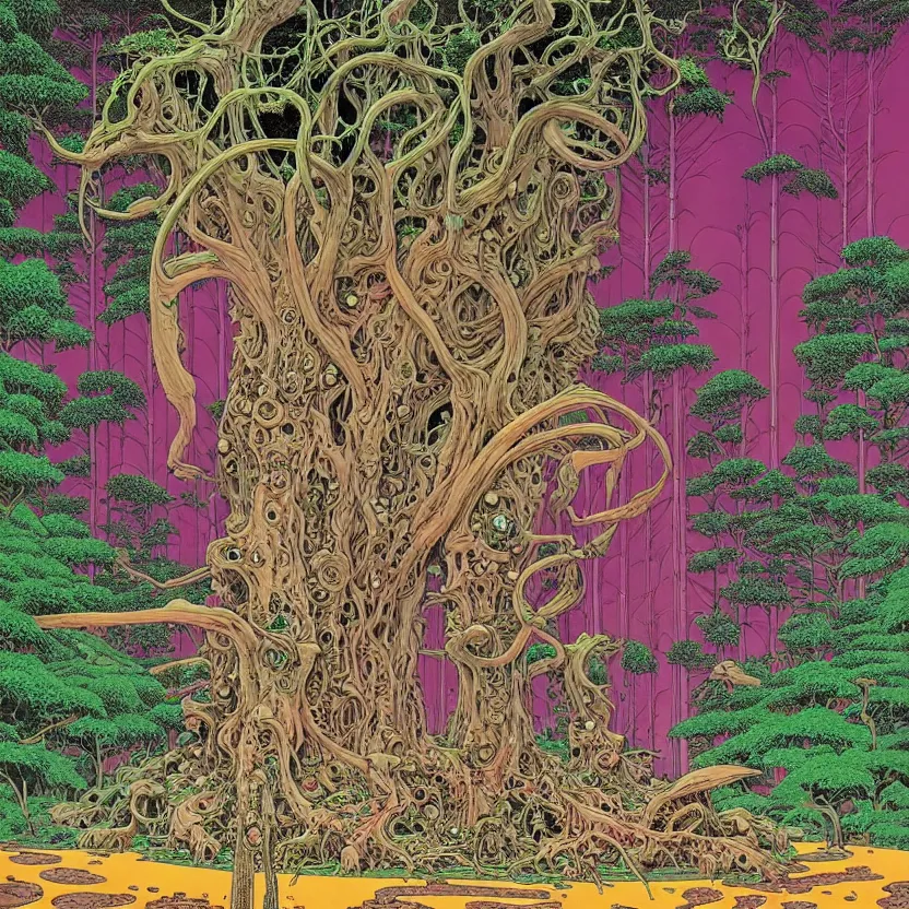 Image similar to ( ( ( ( ( sacred ancient ruins and guardian creatures in the forest ) ) ) ) ) by mœbius!!!!!!!!!!!!!!!!!!!!!!!!!!!, overdetailed art, colorful, record jacket