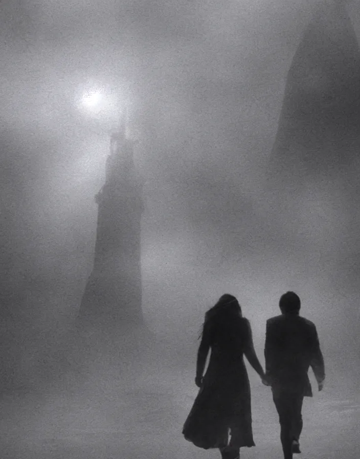 Image similar to very low - resolution found footage of a couple escaping in the city from a starfish kaiju monster, fog, foggy, korean film noir, monochrome, red hue, thriller, underdeveloped, epic, dramatic