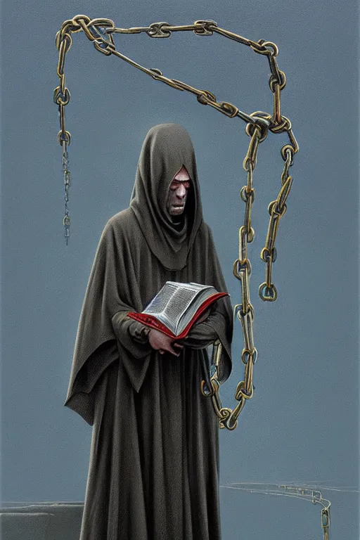 Prompt: painting of a cloaked priest holding a massive book, book attached to his wrist with a chain, zdzislaw beksinski, lewis jones, mattias adolfsson, artgerm, cold hue's, warm tone gradient background, concept art, highly detailed, digital painting