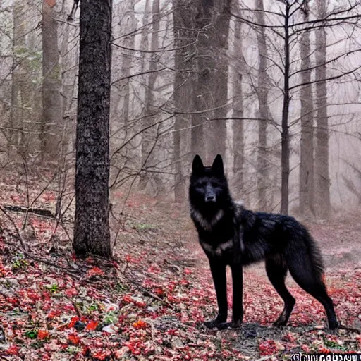 Prompt: a menacing black wolf with red eyes stalking through the forest, creepy, menacing, 8k, high detail