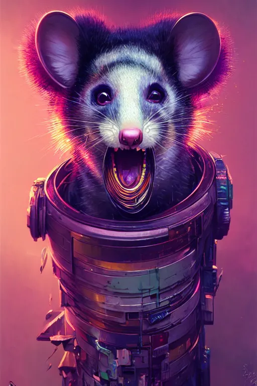 Image similar to a beautiful portrait of a cute cyberpunk opossum screaming by sandra chevrier and greg rutkowski and wlop, purple blue color scheme, high key lighting, volumetric light, digital art, highly detailed, fine detail, intricate, ornate, complex, octane render, unreal engine, photorealistic