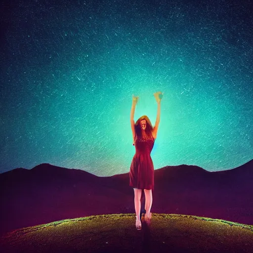 Image similar to album cover, with text vystava, a beautiful landscape of a starry sky with an beautiful woman waving to the horizon, cinematic, dramatic, color grading, photojournalism, colorful, highly detailed