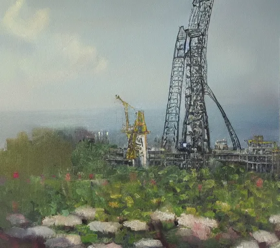 Prompt: a garden on an oilrig, oil painting