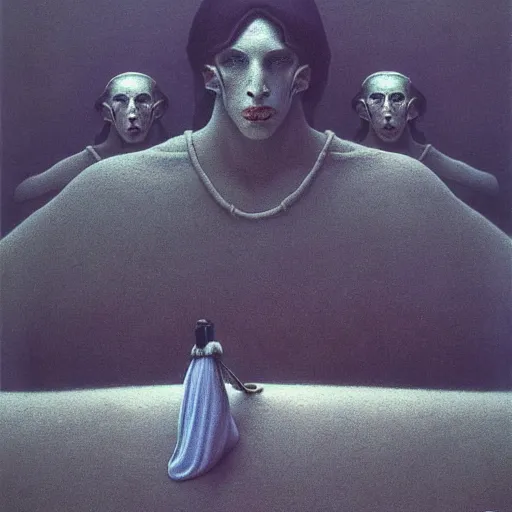 Prompt: Snow White and The Seven Dwarfs in style of Zdislaw Beksinski