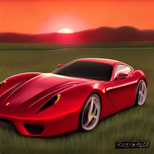 Image similar to fast sportscar reminiscent of ferrari and porsche in a lush field, shiny, red, beautiful lighting, photorealistic, sharp, sunset, by artgerm